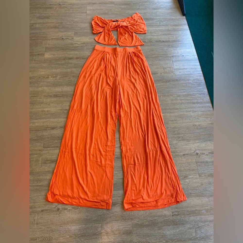 Orange Two-Piece Tie-Front Crop Top & Wide-Leg Pants Set
